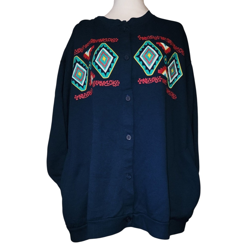 VTG 90's Blair Cardigan Sweater 3XL Navy Blue Embroidered Geometric Button Up - Picture 2 of 8